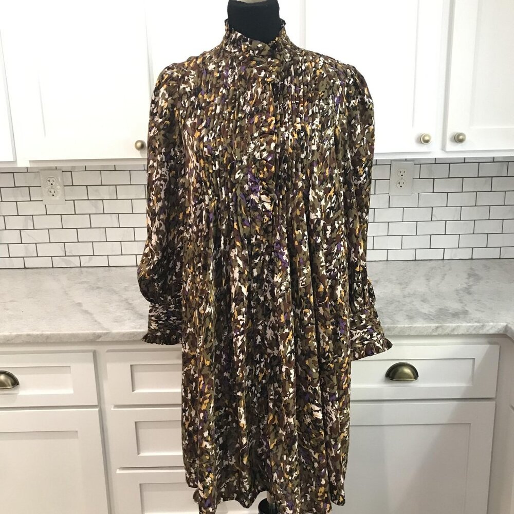 Lili Sidonio Dress Womens Medium Multicolor Pleated High Neck Button Front Swing